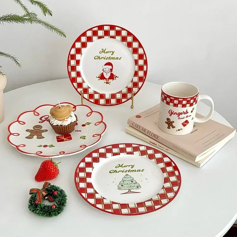 Christmas Tableware Santa Claus Christmas Tree Ceramic Plate Gingerbread Man Cup Coffee Mug Home Dinner Plate Dessert Dish Gifts