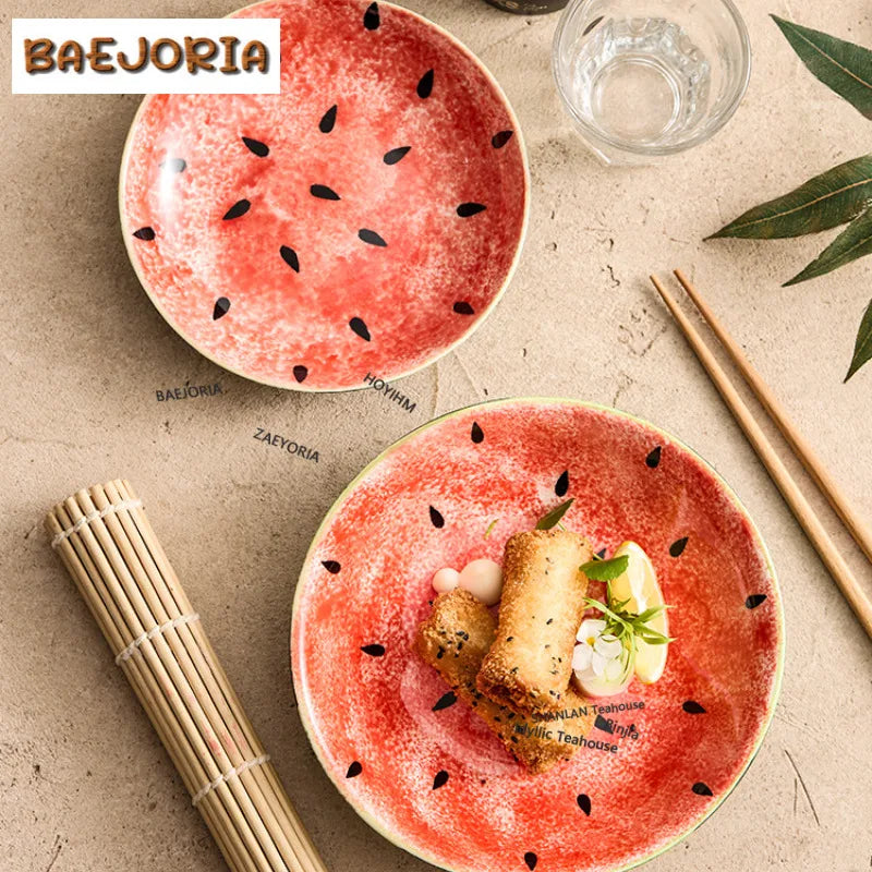 Hand-painted Watermelon Round Plate Ceramic Plate For Home Use Small Plate Breakfast Plate Commercial Use Cute Tableware Craft