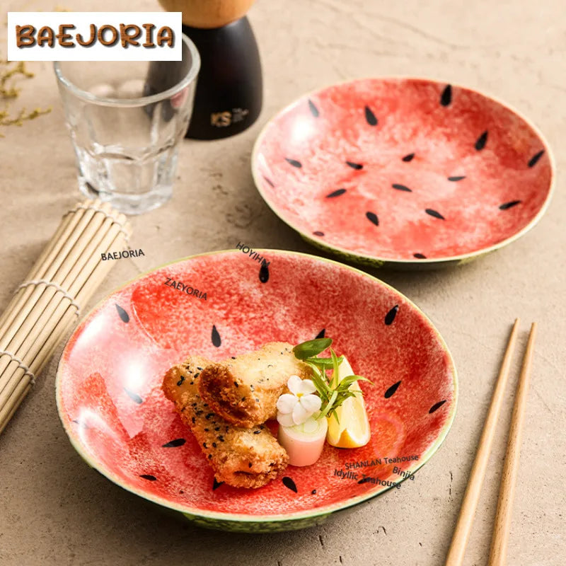 Hand-painted Watermelon Round Plate Ceramic Plate For Home Use Small Plate Breakfast Plate Commercial Use Cute Tableware Craft