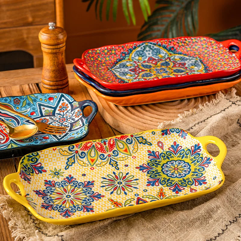 Bohemian Binaural Dinner Plates Ceramic Plate Large Rectangular Fish Plate Ceramic Sushi Dish for Home Kitchen Restaurant Gift